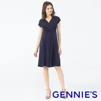 在飛比找momo購物網優惠-【Gennies 奇妮】大V領纏繞哺乳洋裝-藍(哺乳衣 短袖