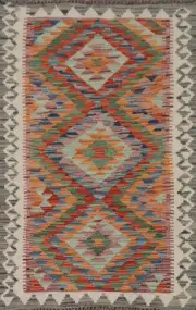 Flat-Weave Pastel Color Kilim Reversible Rug 3x4 Foyer Handmade Oriental Carpet
