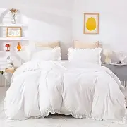 CLOTHKNOW White King Size Comforter Set 3Pcs Ruffles Bedding Comforter Sets Farmhouse Shabby Chic King Comforter Vintage Rustic Comforter Soft White Comforter Sets King