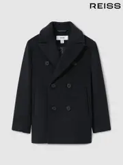 Reiss Navy Bergamo 13-14 yrs Wool-Blend Twill Double-Breasted Coat (E84225) | $225