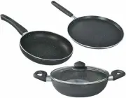 Non Stick Granite Omega Deluxe Cookware 3 Pcs Set with1 Glass Lid Wok, Tawa, Pan