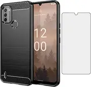 [Asuwish] Phone Case for Nokia C31 with Tempered Glass Screen Protector Cover and Cell Accessories Slim TPU Silicone Rubber Soft Hybrid Protective C 31 31C 4G NokiaC31 Women Men Carbon Fiber Black