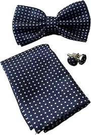 [Zasel] Mens Navy Checkered Matching Bow Tie, Pocket Square & Cuff Links Set Navy, Silver
