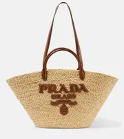 [Prada] Prada Logo leather-trimmed raffia basket bag One Size beige