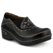 L'Artiste Burbank Women's black Hand Painted leather closed back clog US 6 EU 36
