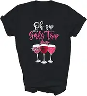 [Above Good Tee] Oh Sip It's A Girls Trip Leopard Print Wine Glasses Sister Vacation Unisex Shirt Gift Women Men T-Shirt (Black;2XL)