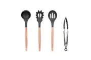 Beechwood & Silicone Kitchen Serving Utensils Set - Ladle/Pasta Server/Tongs/Slotted Spoon - Charcoal