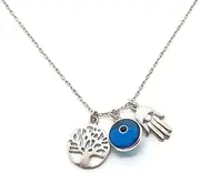 [MYSTIC JEWELS] – 925 Sterling Silver Necklace – Three Symbols, Hand of Fatima & Tree of Life & Good Symbols, Hand of Fatima & Tree of Life & Good Luck Evil Eye, Silver