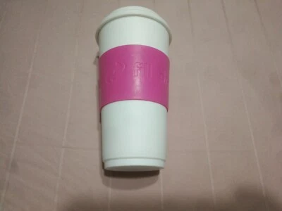 16 oz BPA FREE Reusable Hot Cup Microwave Dishwasher Safe White With Pink