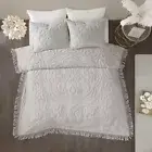 NEW! ~ COZY COTTAGE ULTRA SOFT PLUSH GREY CHENILLE SHABBY FRINGE CHIC QUILT SET