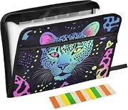 Quteprint 13 Pockets Expanding File Folder with Zipper Closure, Animal Leopard Pattern Accordion File Folder with Sticky Labels, Letter Size A4 Papers Expandable File Document Organizer