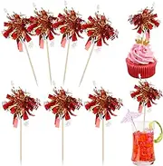 Rsstarxi 30 Pack Foil Firework Cupcake Toppers Red Sparkle Tinsel Drink Cake Decorations Cocktail Food Toothpicks for Happy Valentine's Day Birthday Wedding Graduation Party Decorations Red Silver