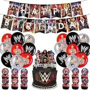 Sovanna Wrestling Theme Birthday Party Decorations - Banner, Balloons, Cake Topper, Cupcake Toppers - Black, Wrestler - 33pcs