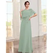 A-Line Dress Mother of the Bride Dress Elegant Jewel Neck Floor Length Chiffon Lace Half Sleeve with Appliques Solid Color