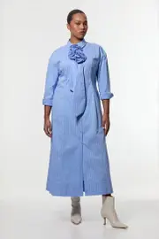 Plus Size Stripe Cotton Rosette Woven Shirt Maxi Dress