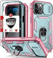 IYTRRYH Compatible with iPhone 12 Case & for iPhone 12 Pro Case with 2 Tempered Glass Screen Protectors,Built-in Kickstand+Camera Cover Shockproof Military Grade Drop Heavy Duty Protection Green Pink