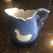 Vintage Calico China Pitcher Farmouse Blue White Duck Cottage Core Bird