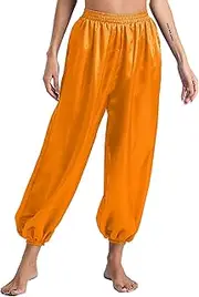 [Sinleey] Women Elastic Waist Belly Dance Pants Satin Lantern Pants Harem Trousers Workout