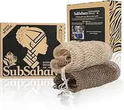 SubSahara Authentic African Net Sponge - 2 Pieces Exfoliating Scrubber for All Skin Types, Bath Sponge for Face & Body, Travel Portable, Durable, Gentle Exfoliation (Linen & Brown)