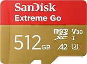 SanDisk Extreme Go Micro SDXC Card + SD Adapter 512GB (for Android Devices, Gaming Consoles, Drones, Action Cams, UHS-I, up to 200 MB/s, V30, 5K, 4K, UHD, Rescue PRO, Class 10, U3) for Amazon