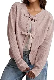 [KIGRAD] Women Casual Open Front Bow Tie Up Cardigan Sweater Jacket Round Neck Long Sleeve Crop Rib Knit Tops Fall Clothes