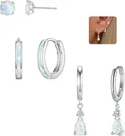[CiNily] Opal Earrings Set for Women Hypoallergenic, Opal Stud Huggie Hoop Earrings for Teens 14K White Gold Plated Dainty Hoop Huggie Dangle Earring Stacks, Birthstone Jewelry for Women, White Gold
