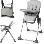 INFANS Baby High Chair, Convertible Quick Folding Portable Highchair for Babies and Toddlers with Adjustable Height Backrest Footrest 2 Wheels Removable Tray, Easy to Clean PU Seat (Grey)