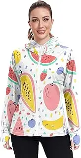 [GAIGEO] Blue Flowers Green Leaves Women Jacket Active UPF 50+ Uv Protection Clothing Women, Secure Pockets, S