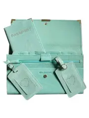 Suede 4pcs Travel Wallet Organiser Document Set Aqua - Brand New