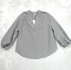 A New Day Women's Long Sleeve Gingham Popover Blouse Top XXL Black White New NWT