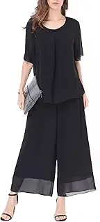 [heipeiwa] Women's 2 Piece Chiffon Sets Outfits Flowy Summer Casual Dressy Pantsuits Double Layers Blouse Capris Pants Suits