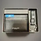 NWT Michael Kors ~ Slim Black Leather Card Case Holder with Key Fob Set