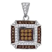 14kt White Gold Round Brown Diamond Square Pendant 1/2 Cttw