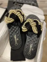 Chanel Faux Pearl Rope Flat Cuba Slides Sandals Black Size 39