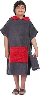 Kids Swim Changing Robe - Quick Dry 100% Terry Cotton Beach Poncho Towel with Hood & Pocket for Boys & Girls (10-13 Years, Charcoal/Red)