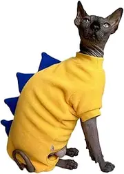 Four Leg Dinosaur Sphynx Cat Clothes Pjamas Hairless Cat Warm Polar Fleece Jumpsuit Elastic Pet Clothes for Sphynx Cat Surgery Recovery Suit Hairless Cat Shirt for Devon, Cornish (Yellow, Medium)