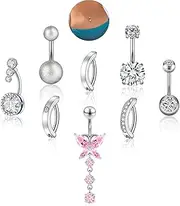 [JESMODA] 8PCS Belly Button Rings 14G 1.6MM Stainless Steel Belly Rings CZ Clicker Short Style Dangle Belly Piercings for Women Belly Rings Pack,Silver/Gold