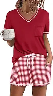 [Ekouaer] Women's Pajamas Sets Short Sleeve Pjs Two Piece Sleepwear Casual Lounge Sets With Pockets Plaid M, Plaid Red White, Medium