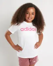 [adidas] adidas Girls' Linear T-Shirt in White/Pulse Magenta Size 14/15 14/15 White/Pulse Magenta