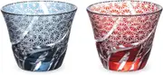 J-Kitchens Retro Kiriko Pair Glass Cup Cold Brown Φ3.0 x H2.4 inches (76 x 60 mm), 3.4 fl oz (100 cc), Rancho, Small Pattern, Ink Blue & Red Current Model