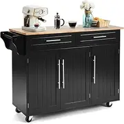Giantex Mobile Kitchen Island Cart, Rolling Storage Trolley with Towel Bar, 2 Deep Drawers, 3 Door Cabinets, Swivel Casters, Rubber Wood Top, for Kitchen Dining Room Hotel Restaurant Cafe (Black)