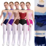 Kids Girls Bodysuit Patchwork Leotard Skirted Dress Gymnastics Dancewear Shiny