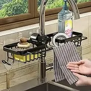 WINGSIGHT Faucet Sponge Holder Kitchen Sink Caddy Organizer Over Faucet Hanging Faucet Drain Rack for Sink Organizer (Double with Dishcloth Rack, Black)