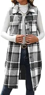 [Mywinway] Long Plaid Vest for Women 2024 Fall Winter Sleeveless Blazer Jackets Outerwear Trendy Tops