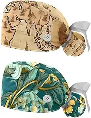 [YTYVAGT] 2-Pc,Nurse Scrub Caps,Scrub Hats with Buttons and Cotton Sweatband,Vintage Earth World Map