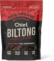 CHIEF Beef & Chilli Biltong (12 x 30g Bags) | 100% Organic Grass-fed Aussie Beef, Paleo Friendly, Gluten Free, Dairy Free, Nut Free, Low Sugar