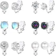 [Kakonia] 6 Pairs Clip On Earrings for Women Non Pierced Clip On Cubic Zirconia Stud Moonstone Rainbow Pearl Clip Earrings Set Hypoallergenic Earrings Wedding Set