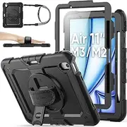 SEYMAC stock Case for iPad Air 11 Inch M3/M2 (2025/2024) with Screen Protector, Pencil Holder, 360° Rotating Hand Strap & Stand, Portable Shoulder Strap, Shockproof Function, Black