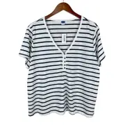 New Old Navy T-shirt Short Sleeve Top Blue White Stripe Linen Blend Women's XL