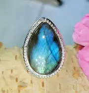 Natural High Grade Blue Flash Labradorite Sterling Silver Ring Size 6.5 7gr CP32